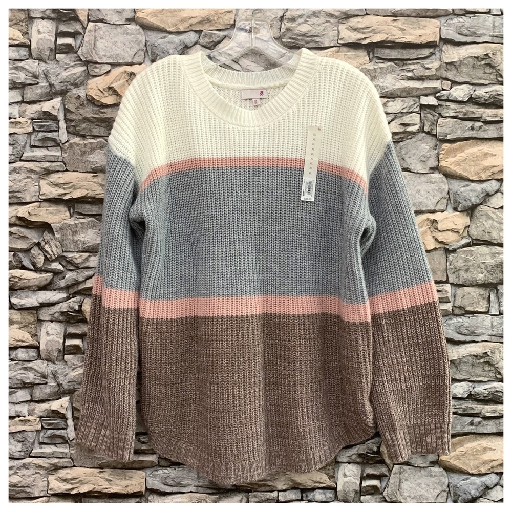 #59 NWT SO Egret Pink Gray Stripe Crewneck Drop Shoulder Knit Shirttail Sweater